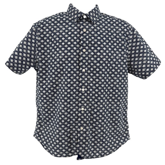 UNTUCKit Larz Short Sleeve Shirt L Navy Blue Medallion Print Casual Cotton - Picture 2 of 12